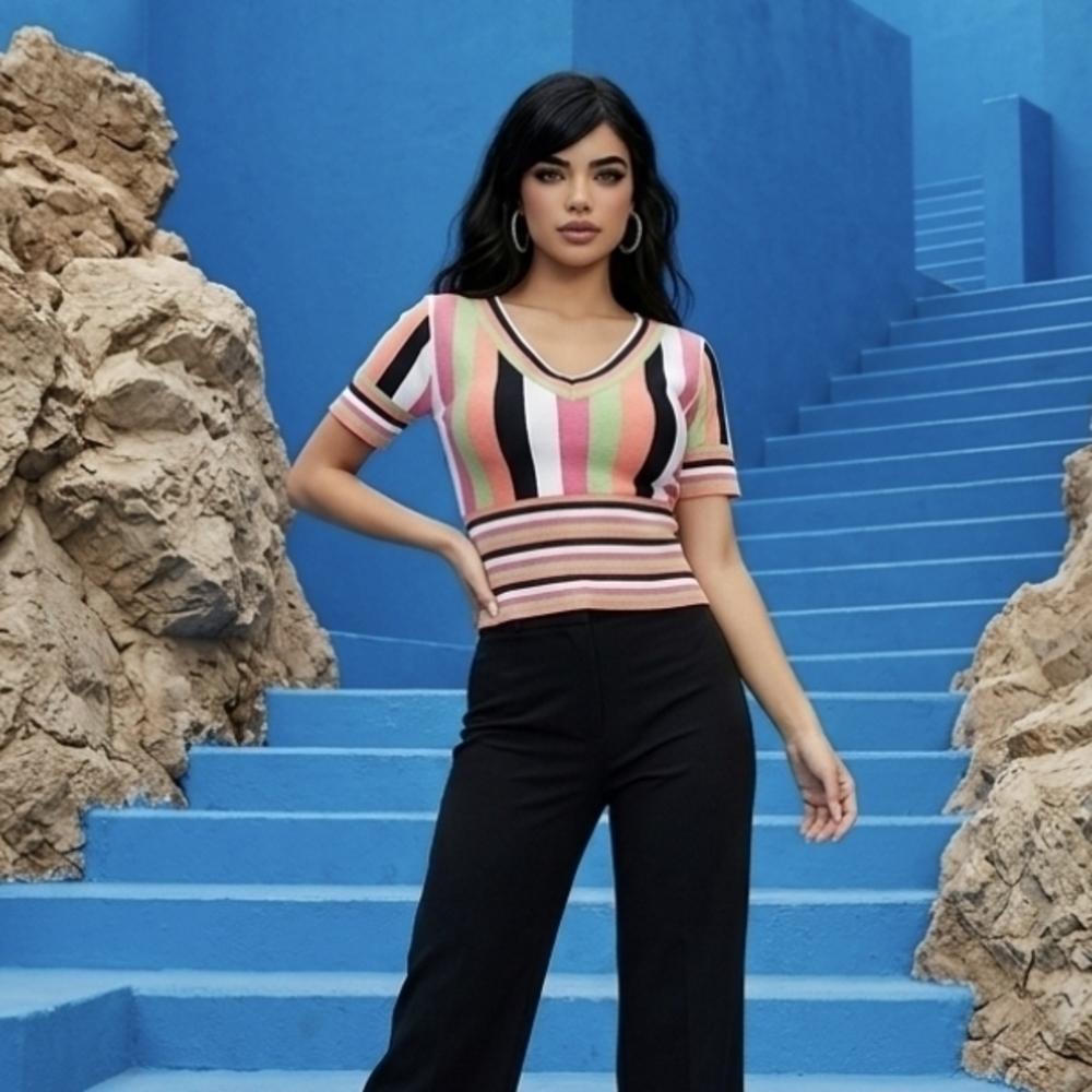 Striped V-Neck Short Sleeve Sweater Top in Pink and Black